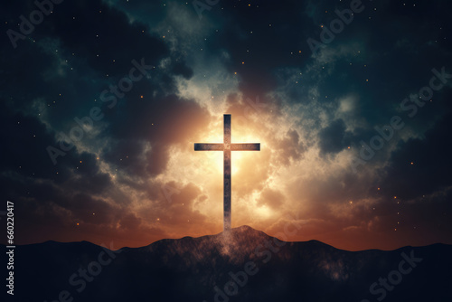 Cross Illuminated in Dark Sky with Clouds, God, Religion, Generative AI © illuminating images