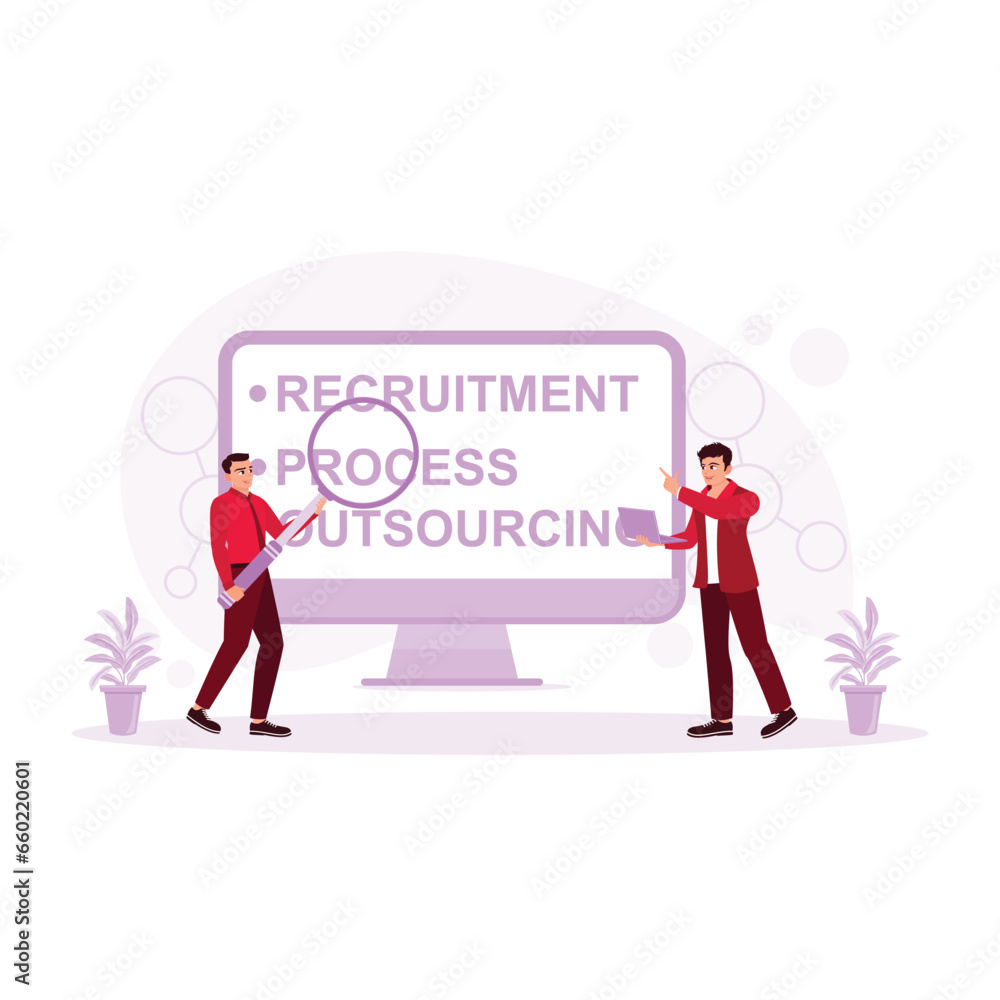 Recruitment of company workers via the Internet. Outsourcing Concept. Trend Modern vector flat illustration Recruitment of company workers via the Internet. Outsourcing Concept. Trend Modern vector flat illustration