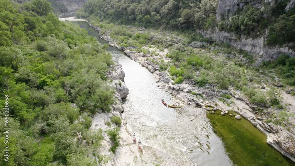 Aerial Over Ardeche River and Canyon in the Morning With Multiple Canoe on It Aerial Over Ardeche River and Canyon in the Morning With Multiple Canoe on It