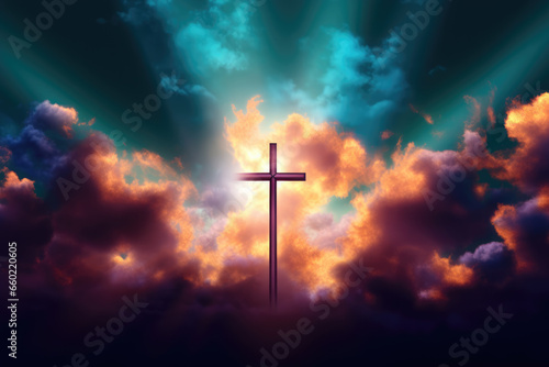 Cross Illuminated in Colorful Sky with Clouds, God, Religion, Generative AI © illuminating images