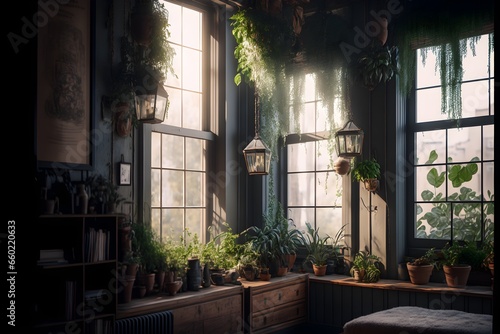 a room with a large bay window a wall where wooden boxes filled with green plants are hung green plants suspended by ropes from the ceiling natural lighting shot on Canon EF 85mm f11 USM Prime Lens  photo