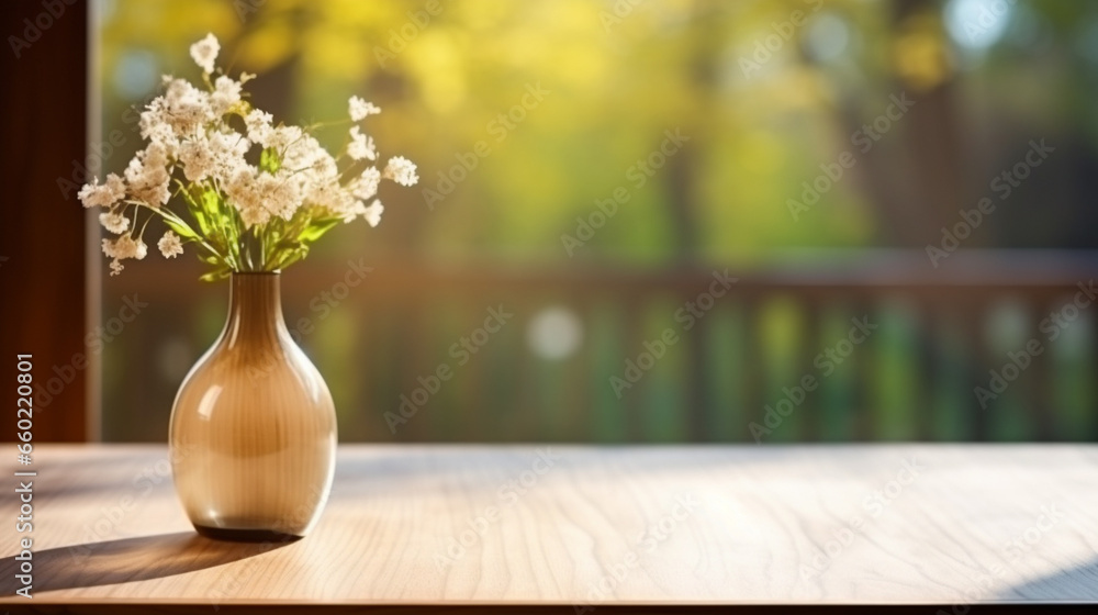 A vase of flowers on a wooden table. The blurry background with the sun shining through the trees. A vase of flowers on a wooden table. The blurry background with the sun shining through the trees.