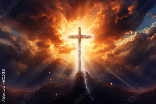 Cross Illuminated in Colorful Sky with Clouds, God, Religion, Generative AI