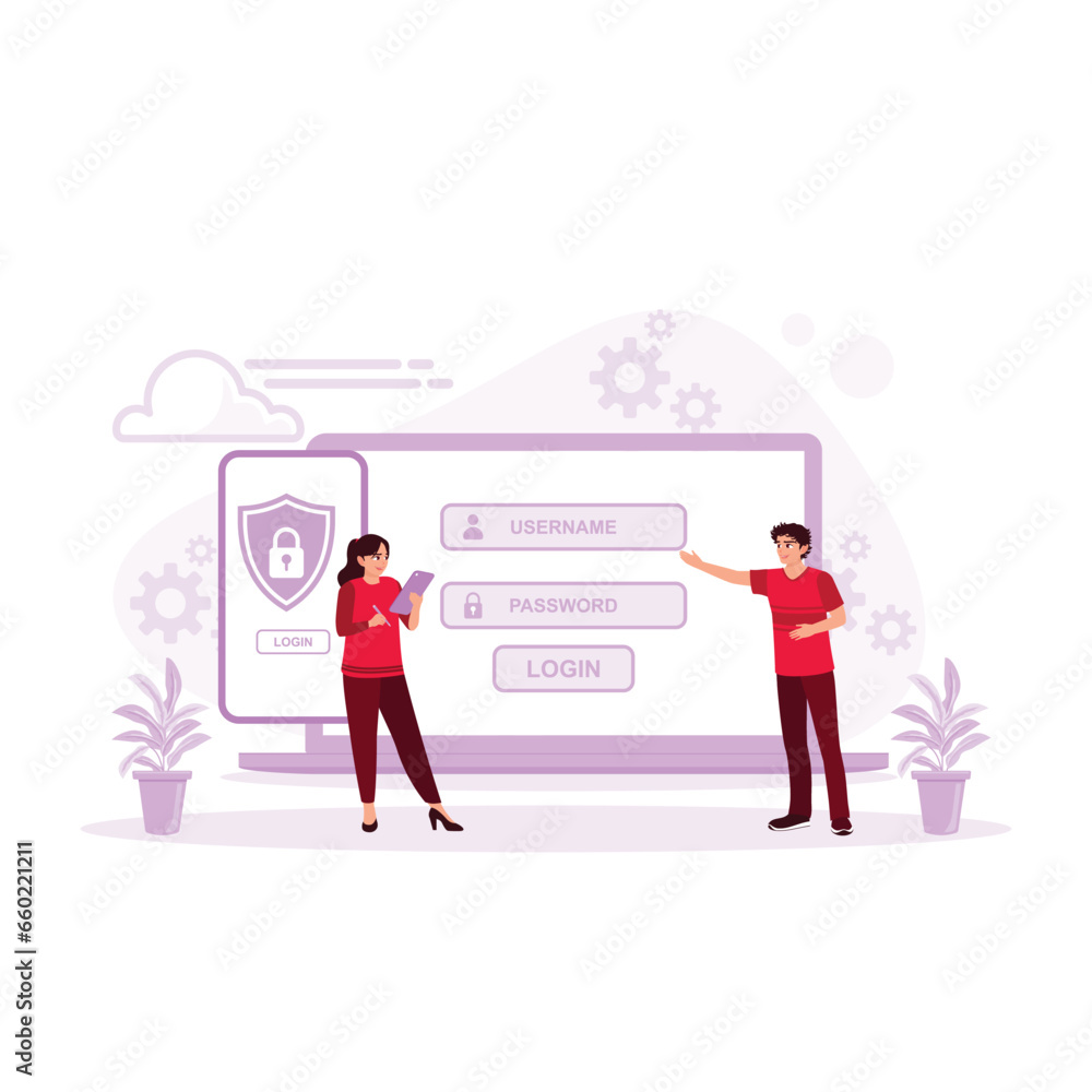 A man explains to a woman how to protect data when using a cell phone over a computer. Data Protection concept. Trend Modern vector flat illustration A man explains to a woman how to protect data when using a cell phone over a computer. Data Protection concept. Trend Modern vector flat illustration