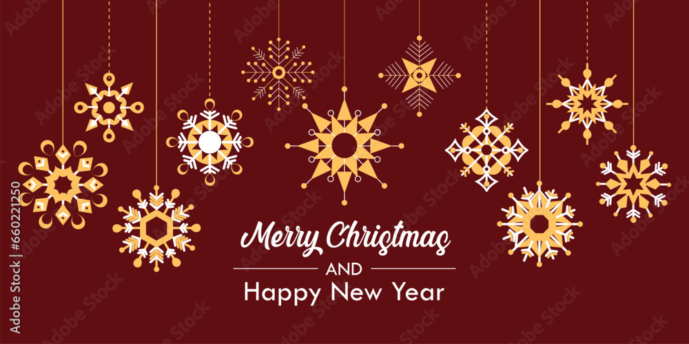 Christmas gold and white hanging snowflakes on dark Red background Christmas gold and white hanging snowflakes on dark Red background