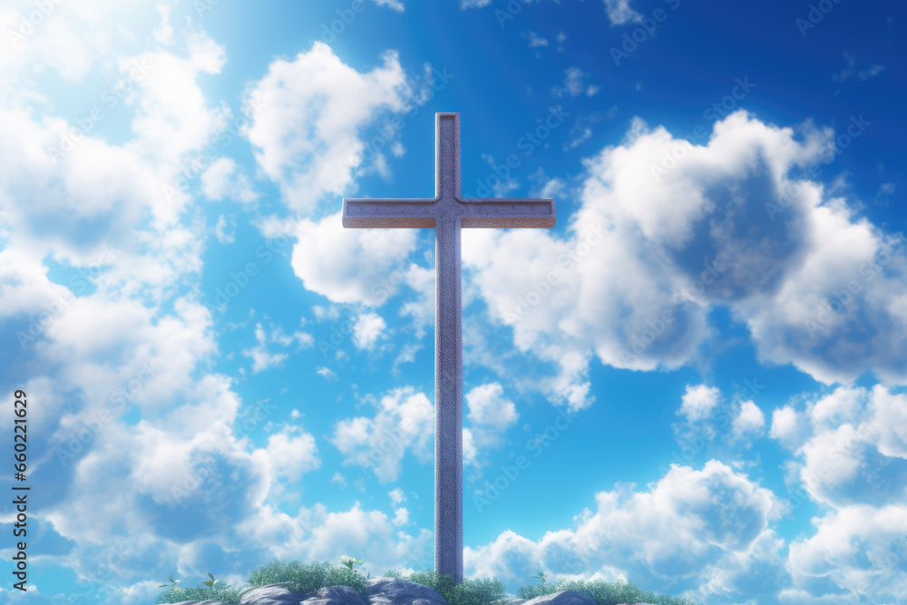 Cross Illuminated in Colorful Sky with Clouds, God, Religion, Generative AI