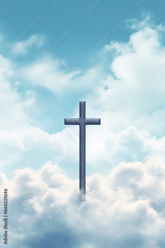 Cross Illuminated in Colorful Sky with Clouds, God, Religion, Generative AI