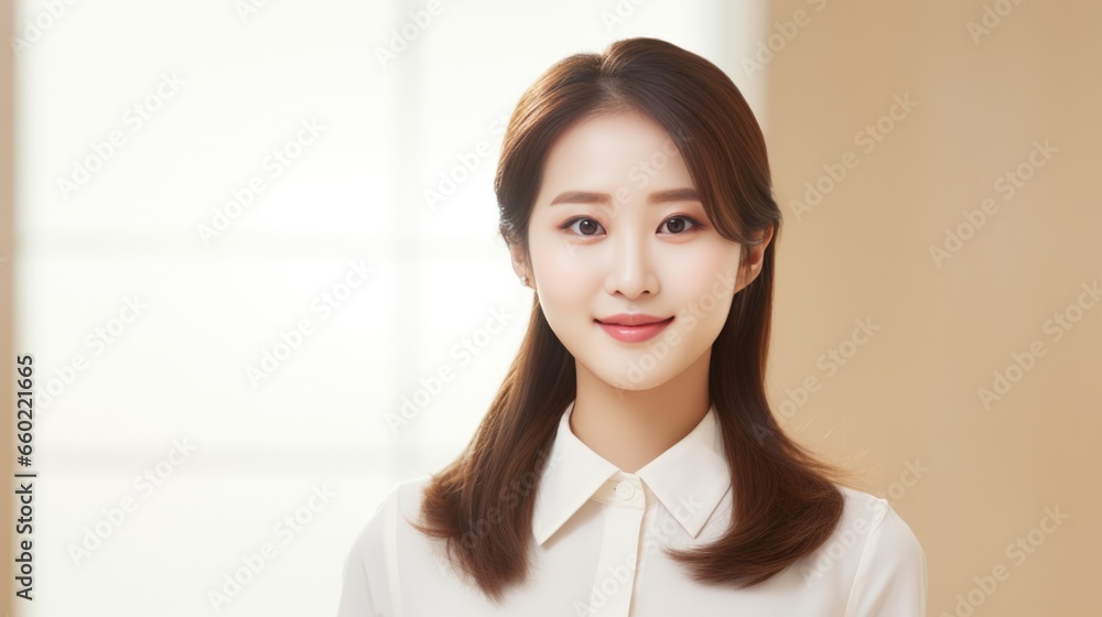 Portrait of Young beautiful Korean businesswoman standing and smiling isolated on beige background. Portrait of Young beautiful Korean businesswoman standing and smiling isolated on beige background.
