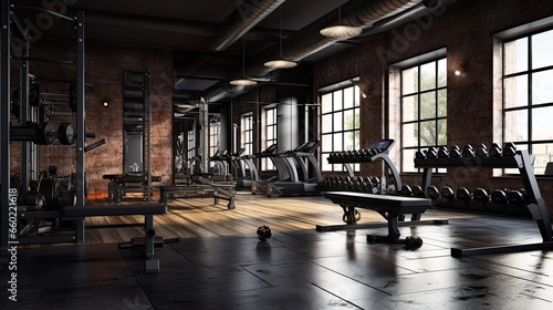 Interior of modern gym with dark concrete walls, concrete floor and rows of fitness equipment © ffunn