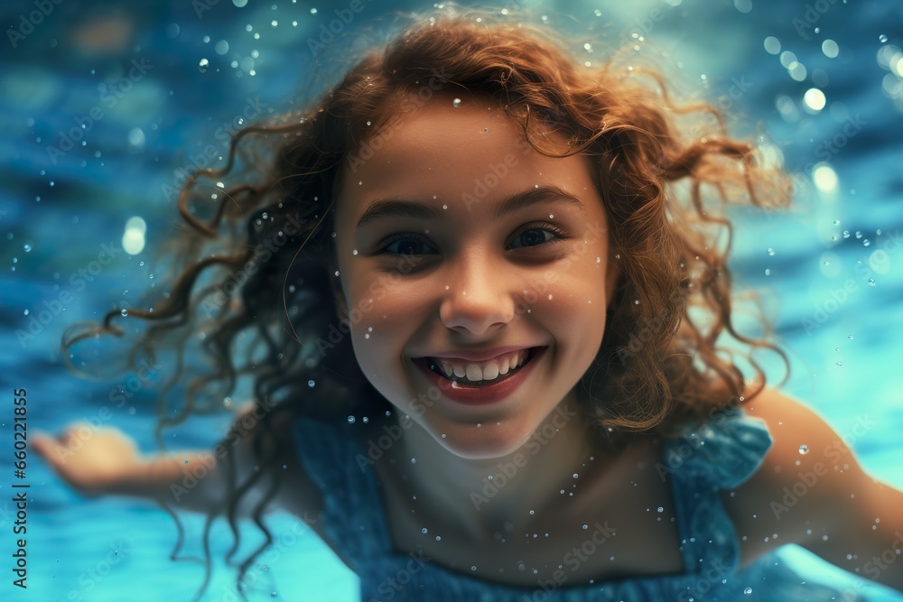 Happy young beautiful girl swimming underwater and having fun