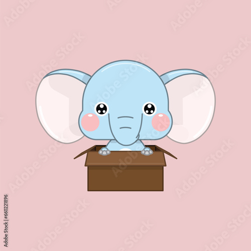 A Cute Cartoon Elephant with Wet Eyes in a Box, Seeking Adoption. Vector Illustration.