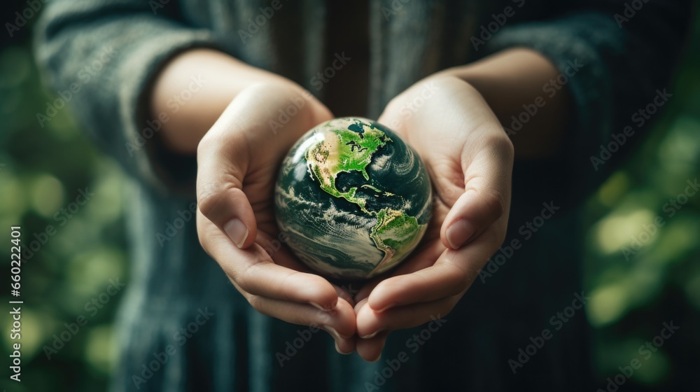 Green earth planet on volunteer's woman hands. World environment day, sustainable ecology and environmental friendly concept. - obrazy, fototapety, plakaty 