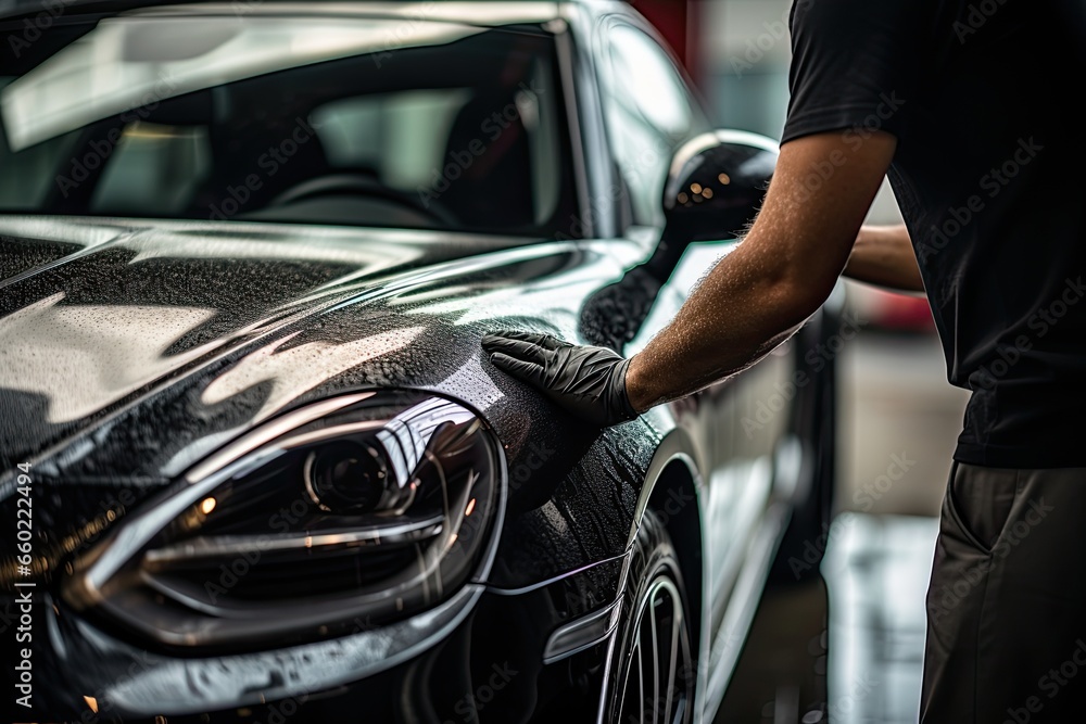 Car detailing series : Worker polishing a car in auto service Car detailing series : Worker polishing a car in auto service