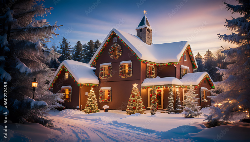 Snow-covered house of a family in the United States adorned with Christmas decorations and holiday lights in December. Snow-covered house of a family in the United States adorned with Christmas decorations and holiday lights in December.