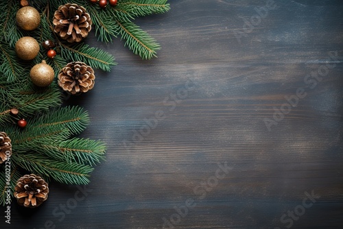 Christmas background with fir tree branches and golden baubles. Top view with copy space