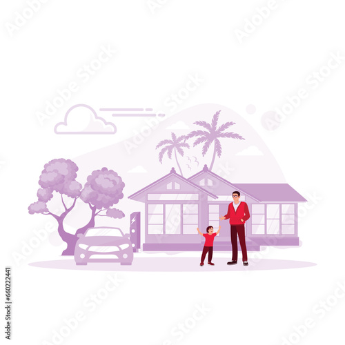 Father and son connect EV charger from home charging station to electric car. Eco House concept. Trend Modern vector flat illustration