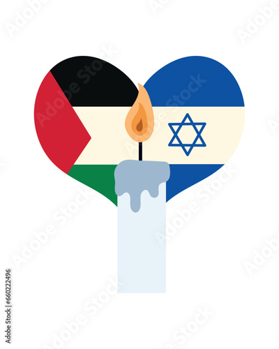 palestine and israel flags in heart with candle