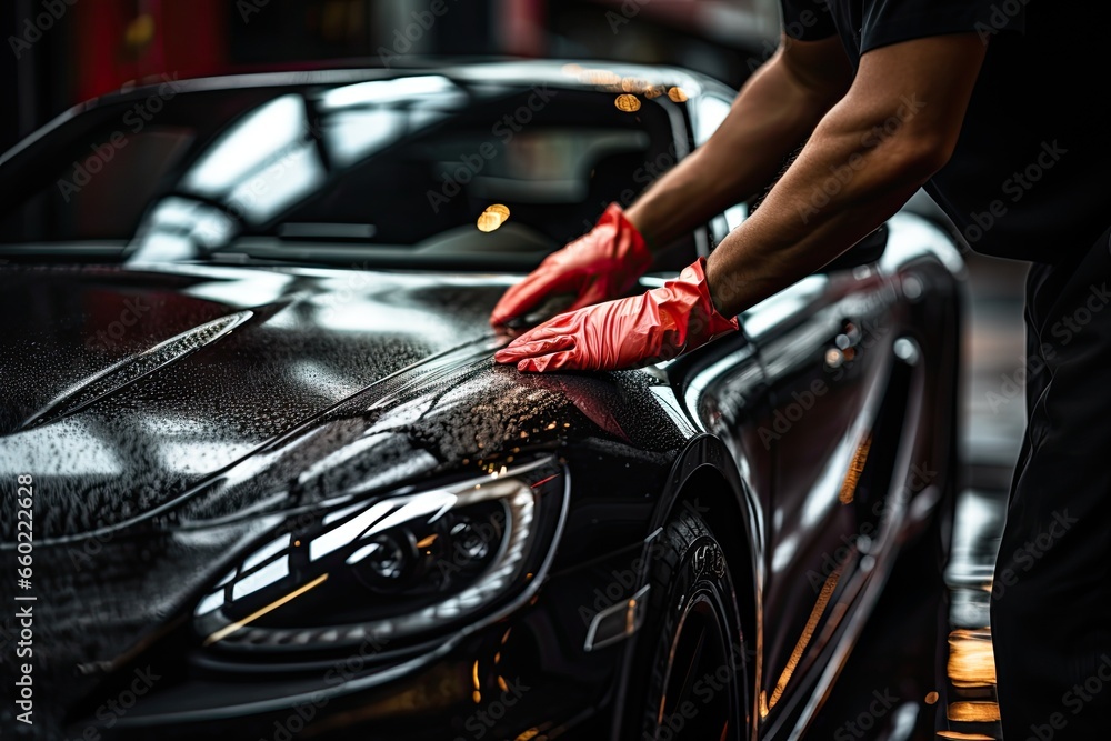 Car detailing series : Worker polishing a car in auto service Car detailing series : Worker polishing a car in auto service