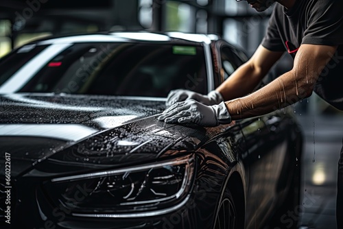 Car detailing series : Worker polishing a car in auto service © ffunn