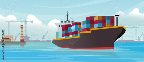 container ship in sea port vector illustration, industrial logistic and transportation, export and import business port, cargo freight ship, light house