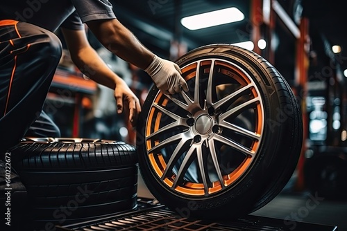 Close-up of mechanic changing wheel of car in auto repair shop photo