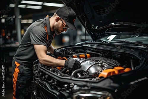 Close-up of mechanic changing wheel of car in auto repair shop