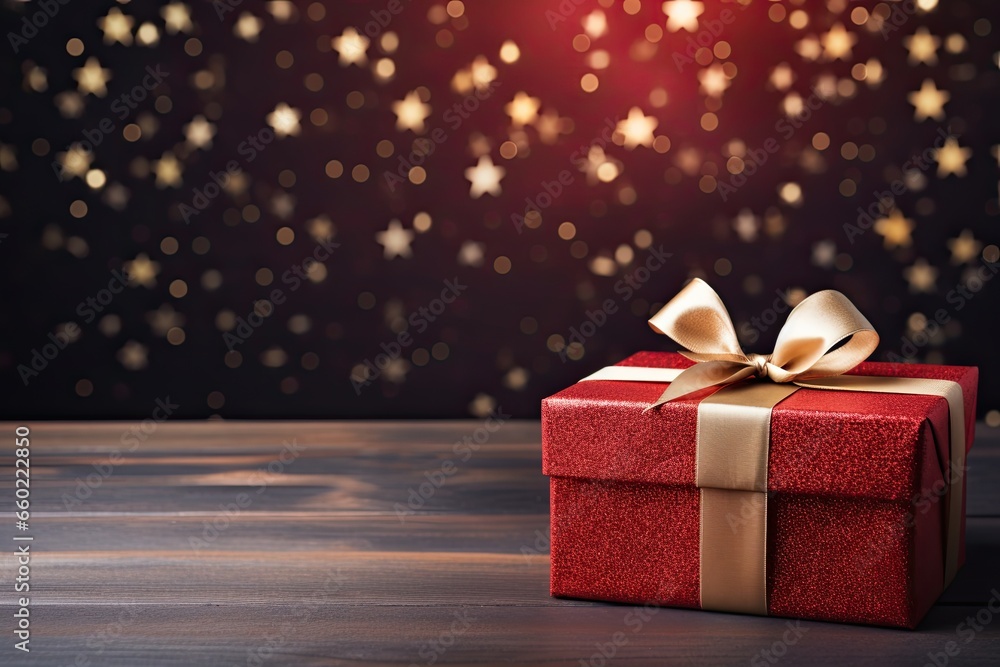 Gift box with red bow Christmas and new year on dark background. Top view with copy space Gift box with red bow Christmas and new year on dark background. Top view with copy space