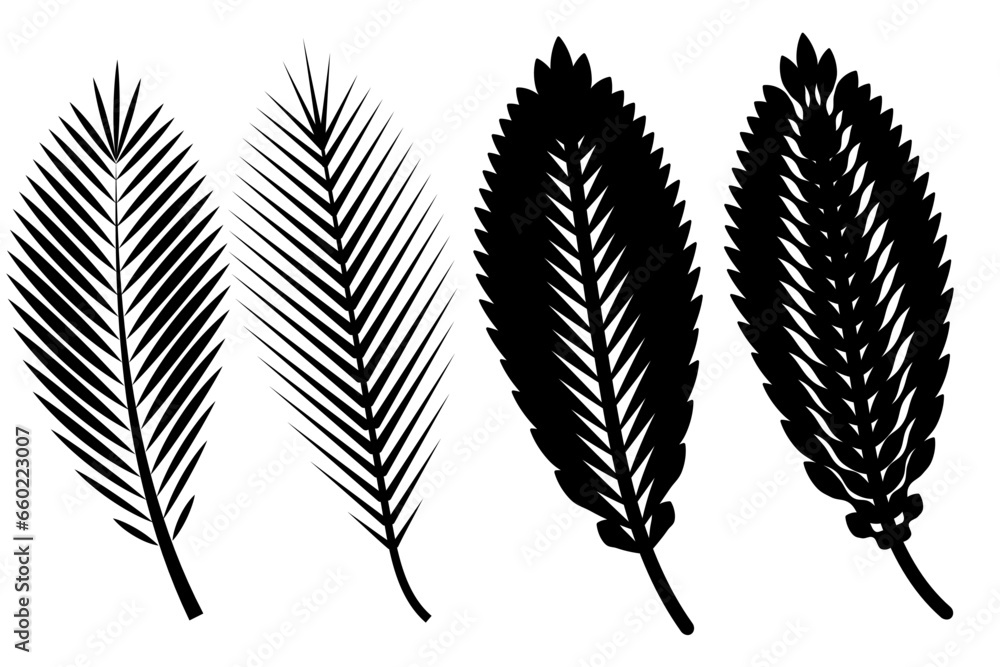 Set of black silhouettes of palm leaves, white background