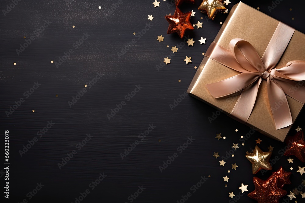 Gift box with red bow Christmas and new year on dark background. Top view with copy space
