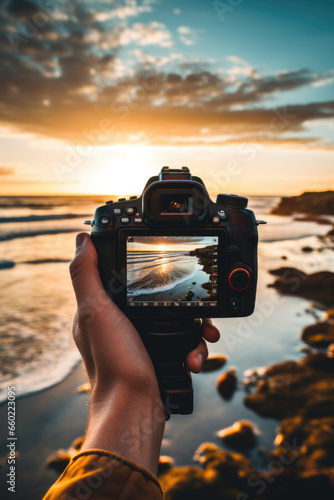 Looking into the back of a digital DSLR camera at a very beautiful coastal beach location