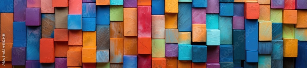 Fototapeta premium A vibrant and colorful wall made up of various blocks in different hues