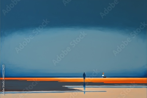 A lone figure stands on a deserted beach staring out at the endless expanse of the sea The sky above is a mix of deep blues and oranges signaling the approaching sunset In the distance a small boat  photo