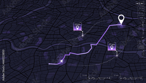 Isometric. The path from a point to the intended goal, many destinations, signs. main road throughout map. Navigation mapping technology for obtaining data on distance and turns of the path. Vector