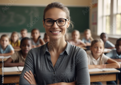 portrait of an elementary teacher in a classroom full of students