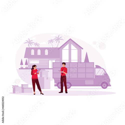 Female inventory manager and worker checking goods to be sent to buyers. Storage concept. Trend Modern vector flat illustration