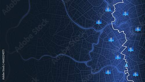 Location EV charging station location mark on gps navigation map a lot with fast supercharger station. Path turns and destination tag or mark. Huge city top view Tracking path, route. vector isometric