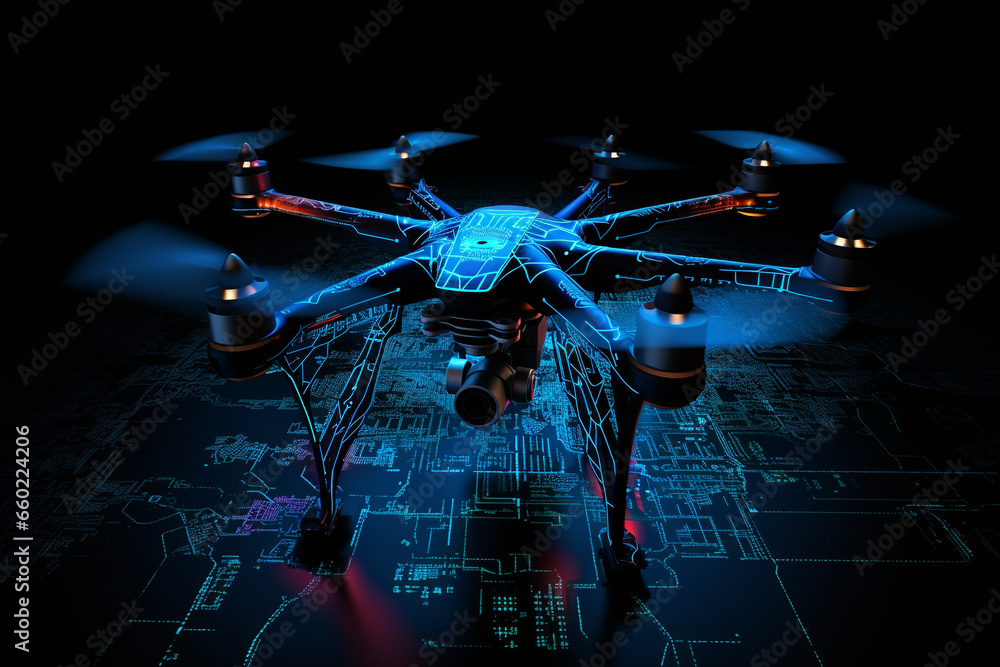 drone capturing data, neon, dark background