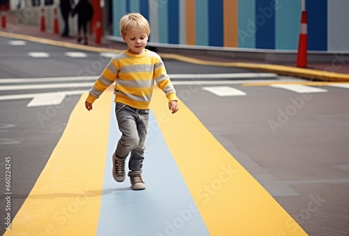 A young boy crossing the street