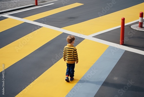 A young child crossing the street alone