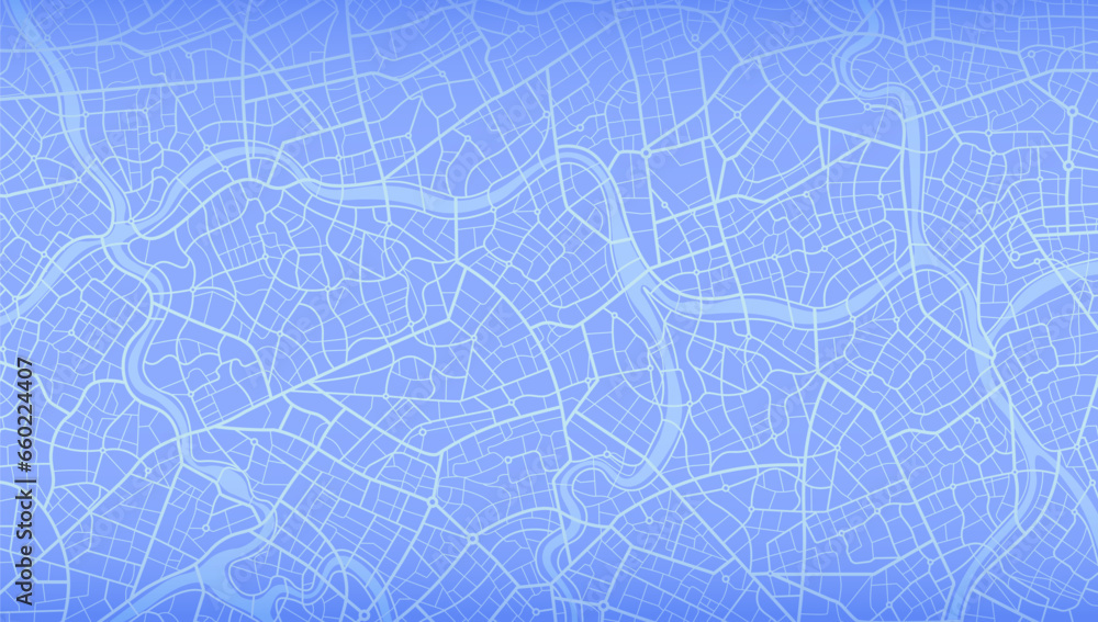 Fototapeta premium Blue city area, background map, streets. Skyline urban panorama. Cartography illustration. Widescreen proportion, digital flat design streetmap. Vector City top view. View from above the map