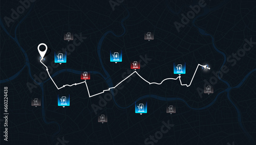 Location EV charging station location mark on gps navigation map a lot with fast supercharger station. Path turns and destination tag or mark. Huge city top view Tracking path, route. vector isometric
