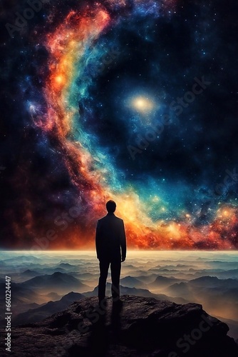 Man standing on the edge of a cliff and looking at the universe