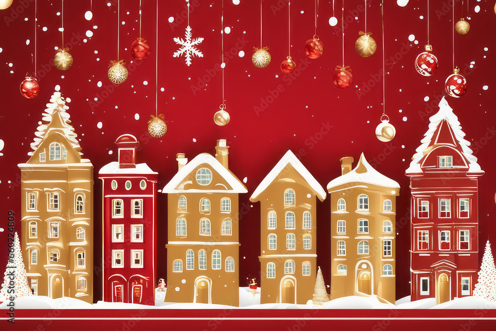 Christmas tree city houses gift box gold balls snow xmas decoration New Year banner red background