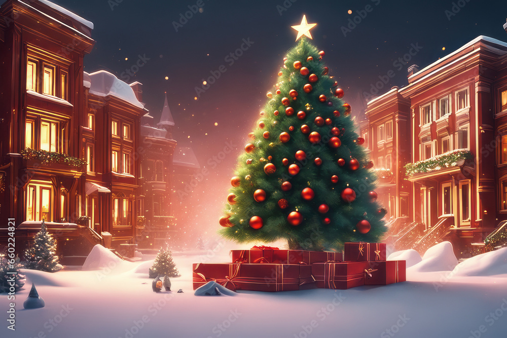 Obraz premium Christmas tree city houses gift box gold balls snow xmas decoration New Year banner red background