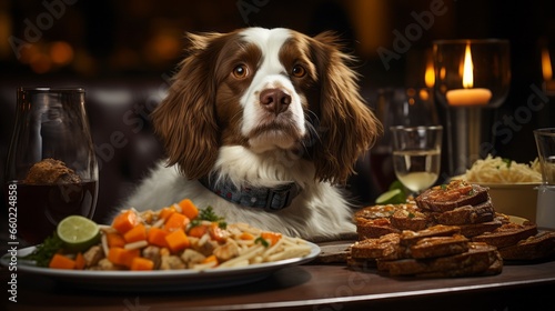 A dog sitting at a table with a delicious meal. Generative AI.  © Elle Arden 