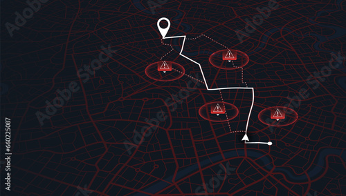 Map of the route with data on the distance, turns of the route. Blocked areas, roads. Abstract map with blocked streets, fenced off sections of the path. Huge view of the city from above. Vector