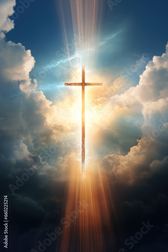Cross Illuminated in Colorful Sky with Clouds, God, Religion, Generative AI © illuminating images