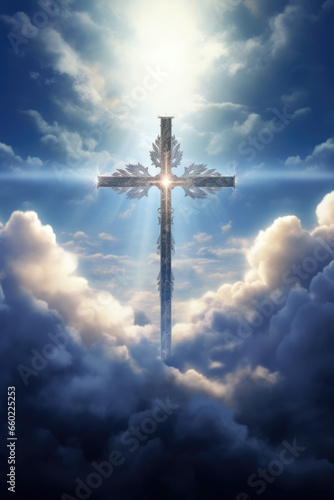 Cross Illuminated in Colorful Sky with Clouds, God, Religion, Generative AI