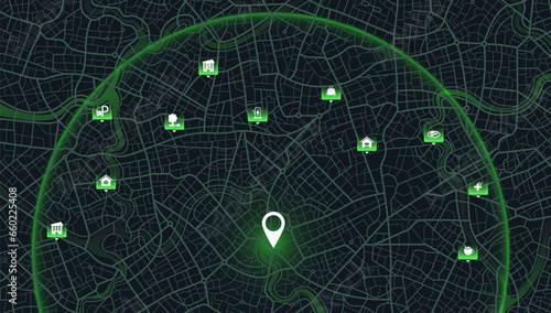 Abstract transportation background with POI. Transportation-related designs, promotional materials. Establishments, gas stations, parks, restaurants. Streets, blocks, route for movement on the streets