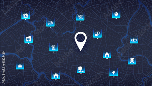 Abstract transportation background with POI. Transportation-related designs, promotional materials. Establishments, gas stations, parks, restaurants. Streets, blocks, route for movement on the streets
